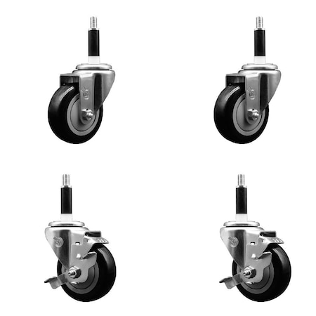 Service Caster 3.5'' Black Poly Wheel Swivel 7/8'' Expanding Stem Caster Set 2 Brakes, 4PK SCC-EX20S3514-PPUB-BLK-2-TLB-2-78